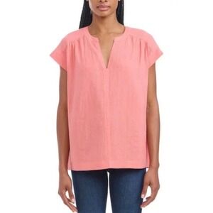Splendid Womens Coral Pink Linen Blend‎ Cap Sleeve Split V-Neck Blouse Size M